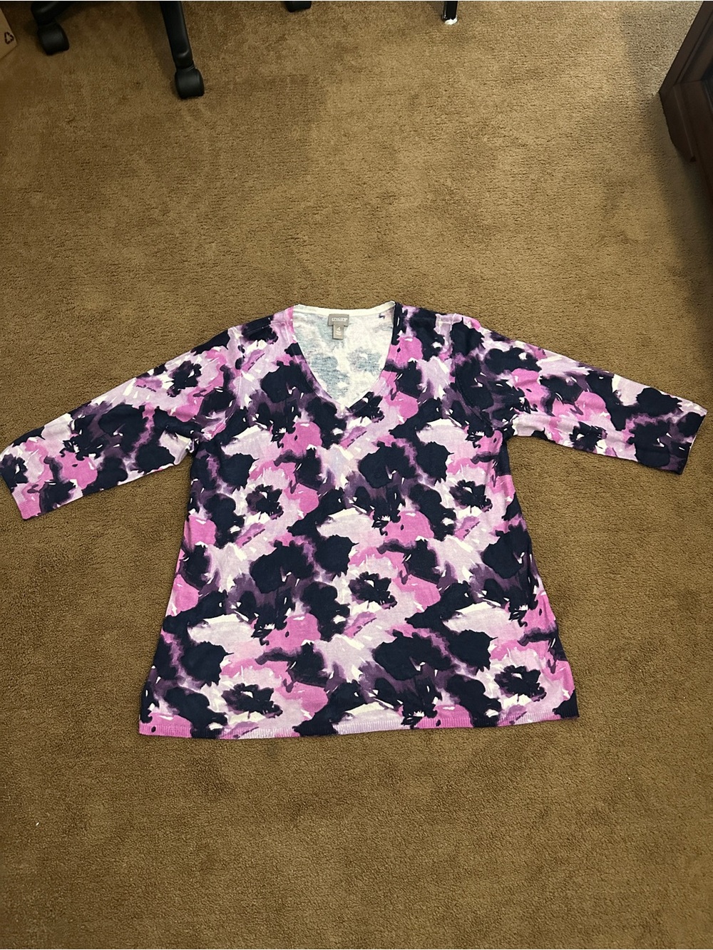 Chico's Purple Black White Abstract Knit V-Neck 3/4 Sleeve Top Women's 4